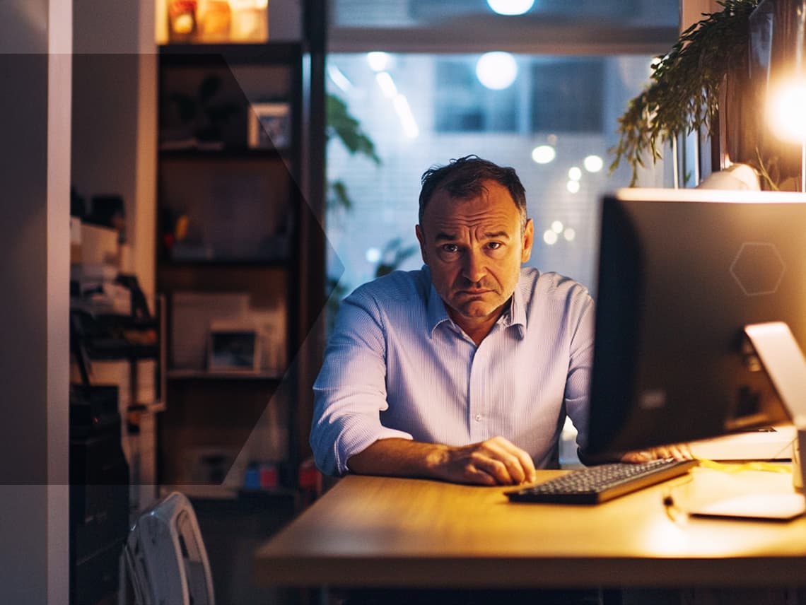 a data specialist sitting in front a computer, looking frustrated