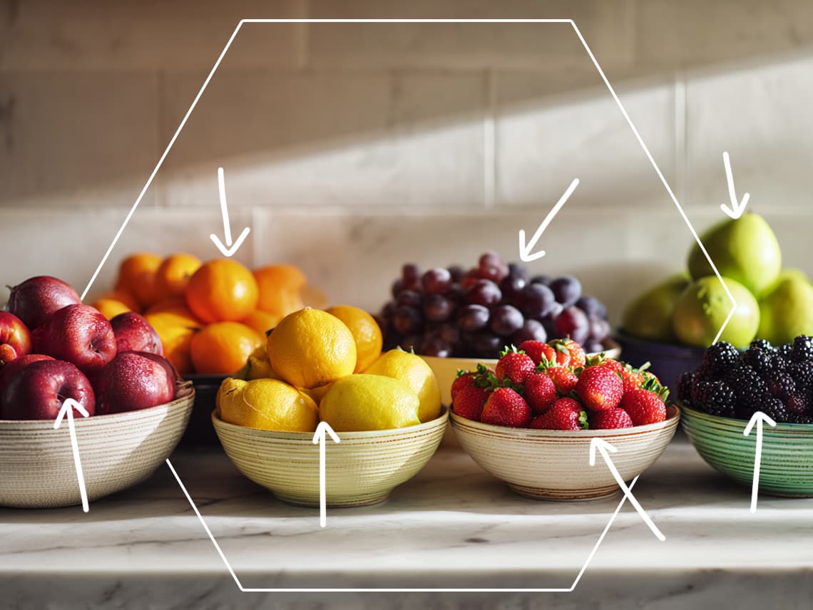 fruit sorted into separate bowls. arrows point to them, representing the idea of segmentation