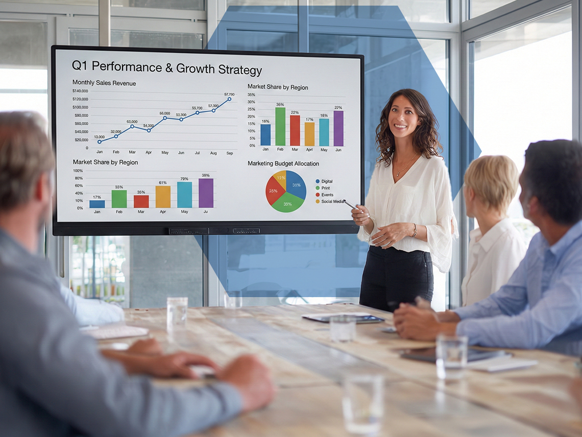 a fractional CMO standing in front of a group of customers, presenting a graph showcasing q1 performance and growth strategy.