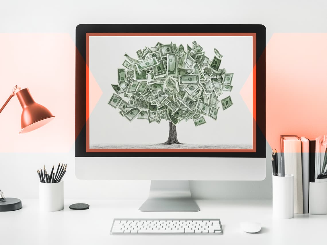 A computer screen displays the image of a tree sprouting money instead of leaves. This is like how your recurring revenue sprouts each season.