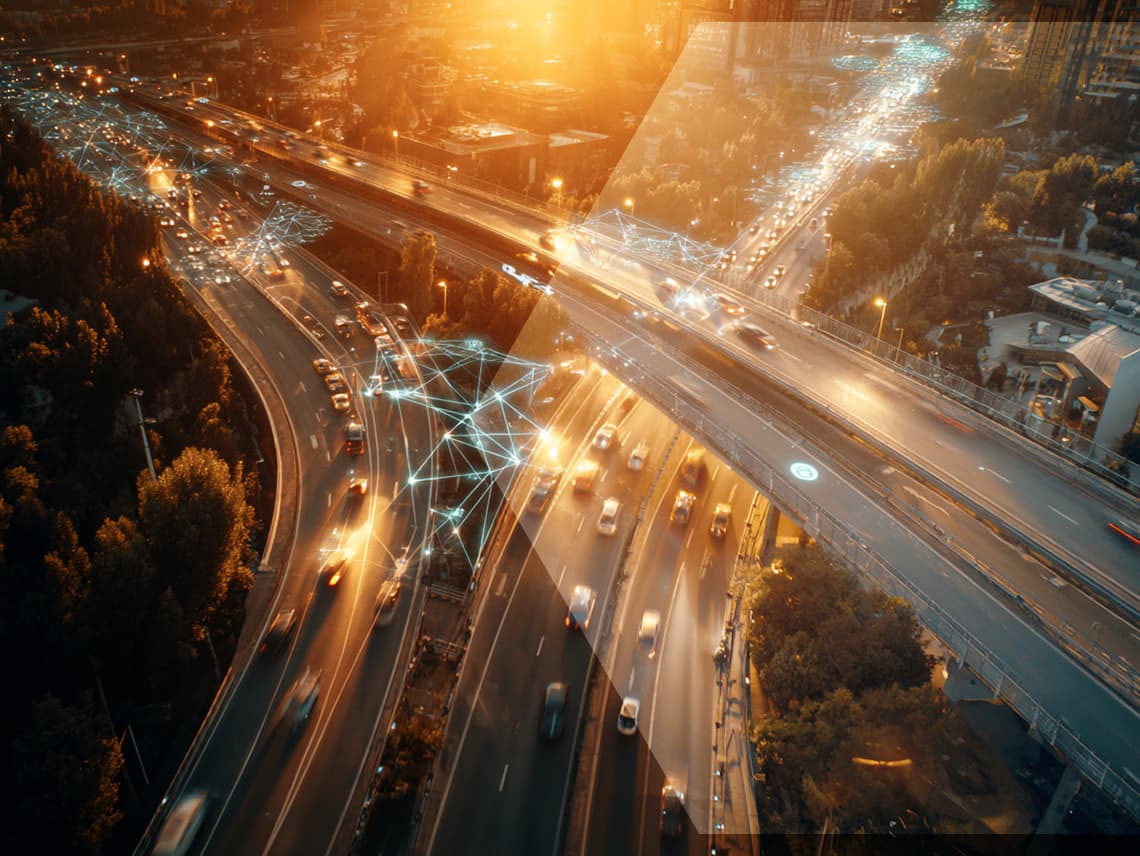 Aerial view of a busy highway interchange at sunset with glowing digital network lines overlaid, symbolizing connected data and traffic flow.