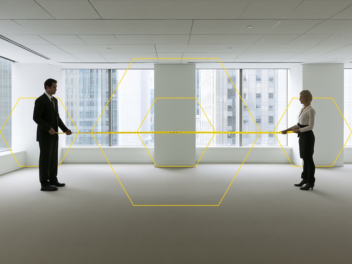 two employees standing inside a building, each holding one end of a long tape measure. representing a long sales cycle.
