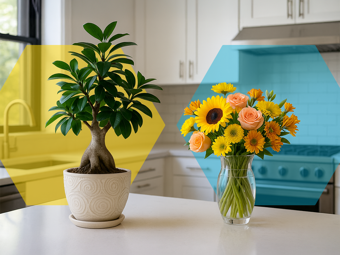 two vases on a kitchen counter. one contains a bonsai tree representing SEO: slower growth over time, but longer lifespan. The other contains a bouquet of flowers representing PPC: blooms fast, but fades quickly. 