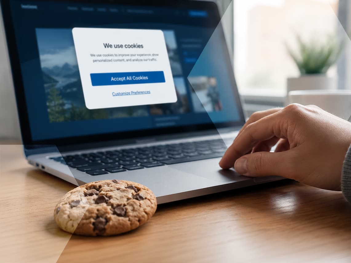 a person typing on a computer, with a chocolate chip cookie nearby. on the computer, a cookie privacy notice pops up, forcing the user to accept or deny cookies.