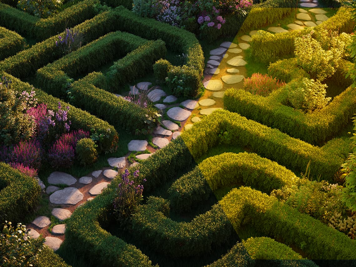 A path leading through a complex garden maze. Representing the idea of an optimized website guiding users through their buying journey.