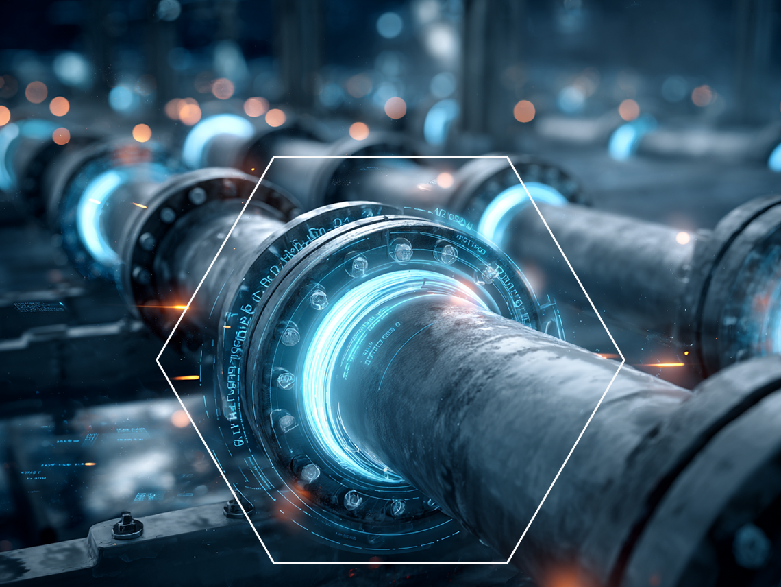 close-up graphic of pipes connected, with neon blue connectors. representing connecting and revitalizing stalled sales pipelines.