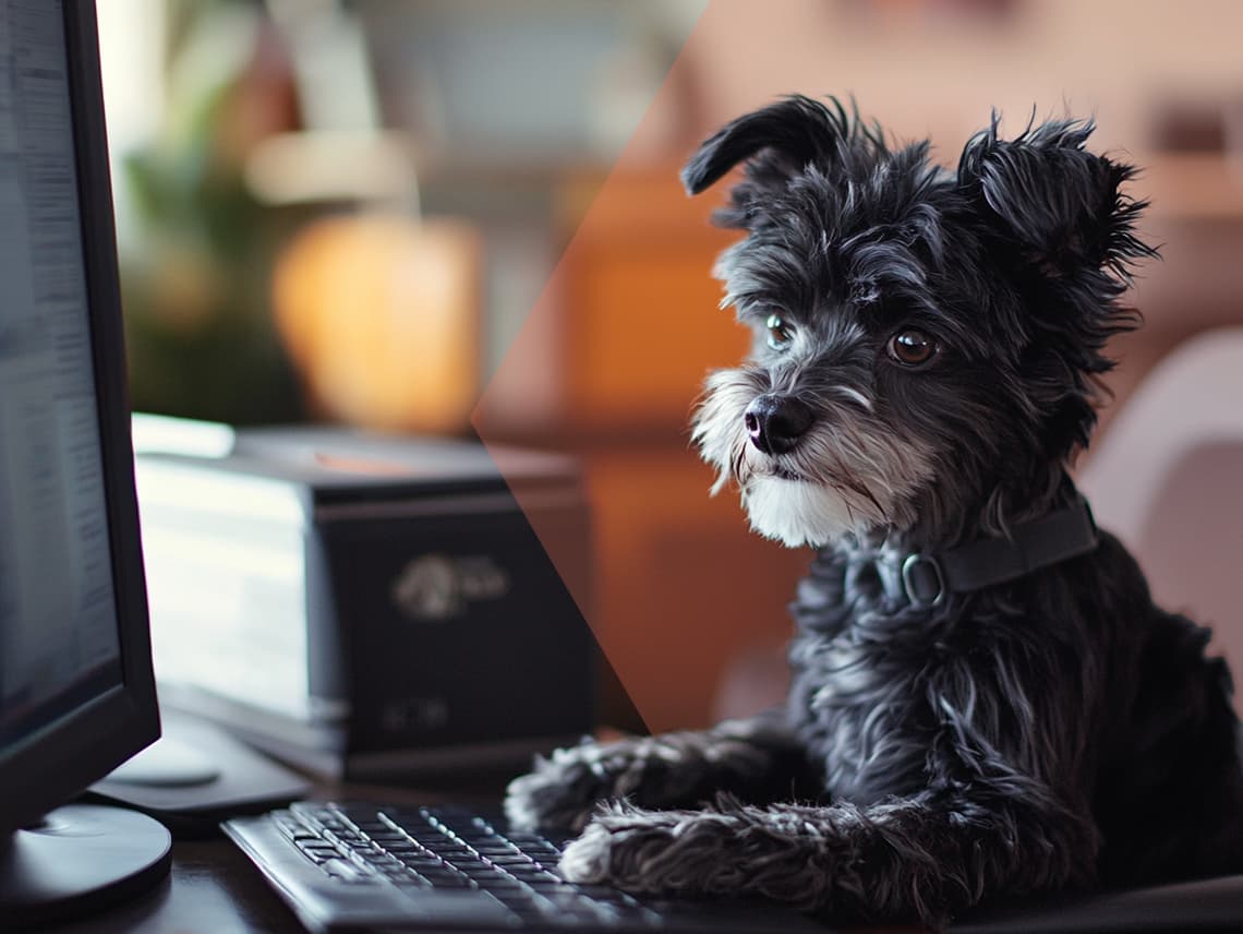 a dog typing on a keyboard