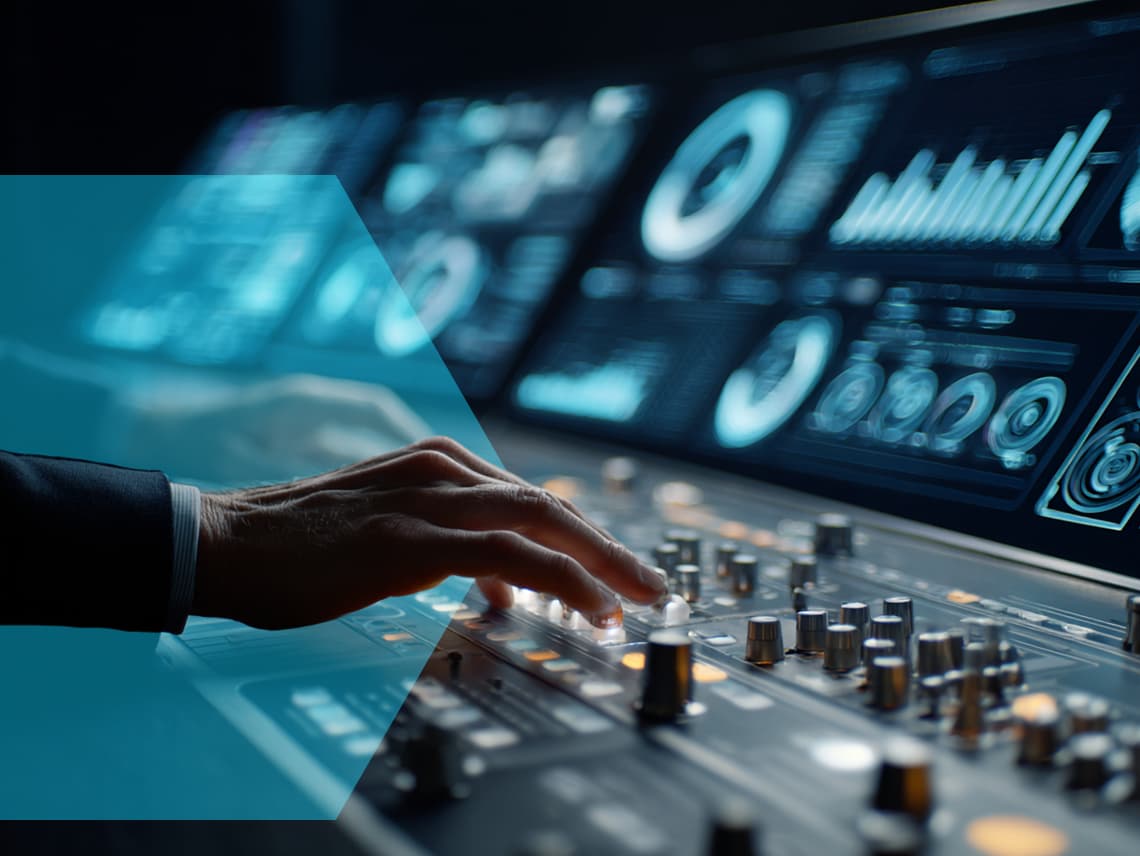 close up of hands pushing buttons on a sci-fi dashboard with charts populating instantly. representing the idea of turning on marketing automations.