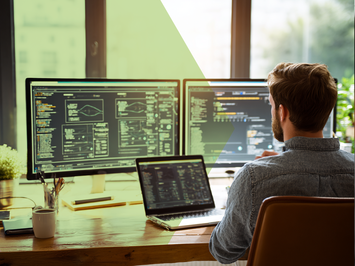 a developer with three screens open looks at the architecture of a website, the backend code, and critical performance metrics.