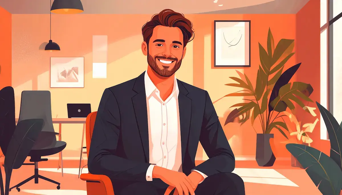 Firefly A smiling ceo wearing business casual attire sits on a chair in a modern office. The office  copy 1