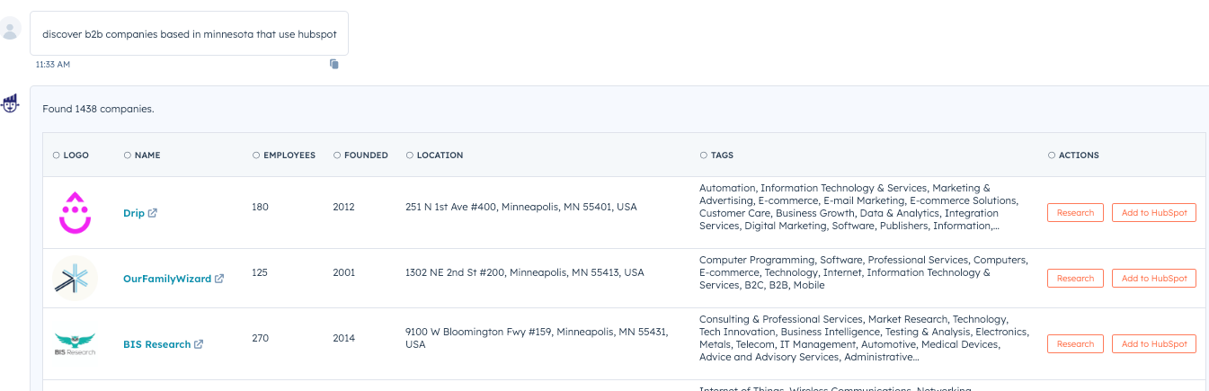 a screenshot of a conversation in chatspot. the user asks for a list of b2b companies based in minnesota that use hubspot, and chatspot responds with a list of companies who meet that criteria.
