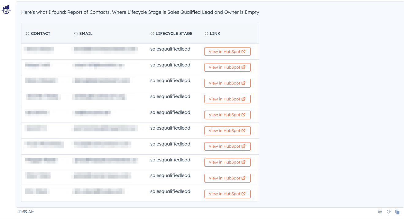 a screenshot of a conversation in chatspot. the users asks: find contacts where Lifecycle Stage is Sales Qualified Lead and Owner is Empty. chatspot provides a list of contacts.