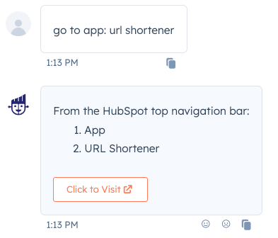 a screenshot of a conversation in chatspot. the user asks chatspot where to find the URL shortener, and chatpsot responds with the location of that tool in HubSpot's menu.