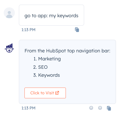 a screenshot of a conversation in chatspot. the user asks chatspot where to find their keywords, and chatspot responds with how to find them via the main navigation menu in HubSpot.